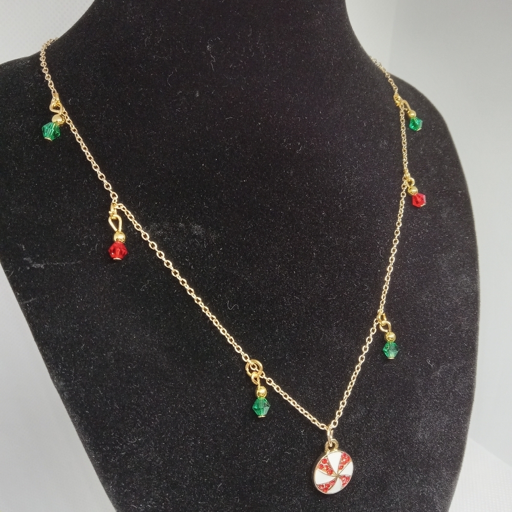 Hand Crafted Gold Necklace with Red and Green Charms - Picture 4 of 7